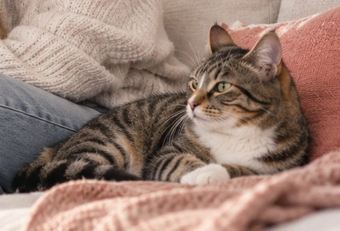 A tabby cat resting on a soft pink blanket beside its owner
